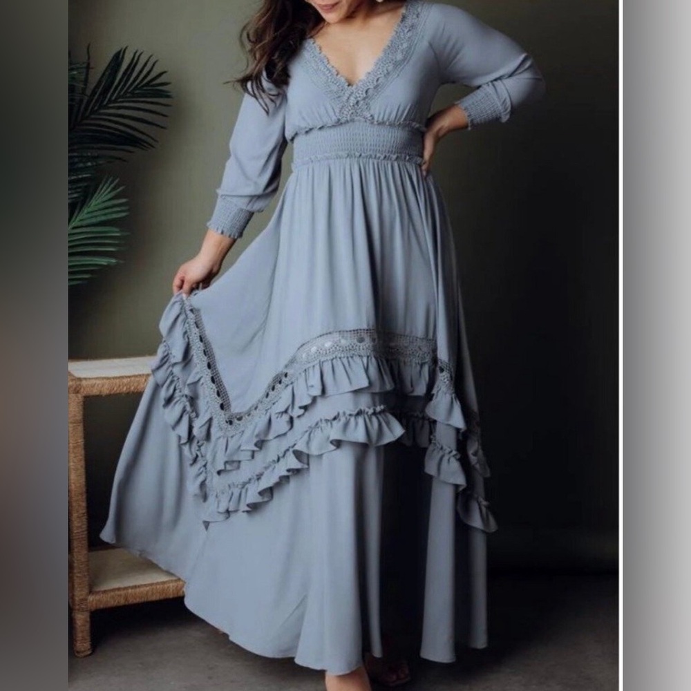 Baltic Born dusty blue ruffle, maxi dress, size medium